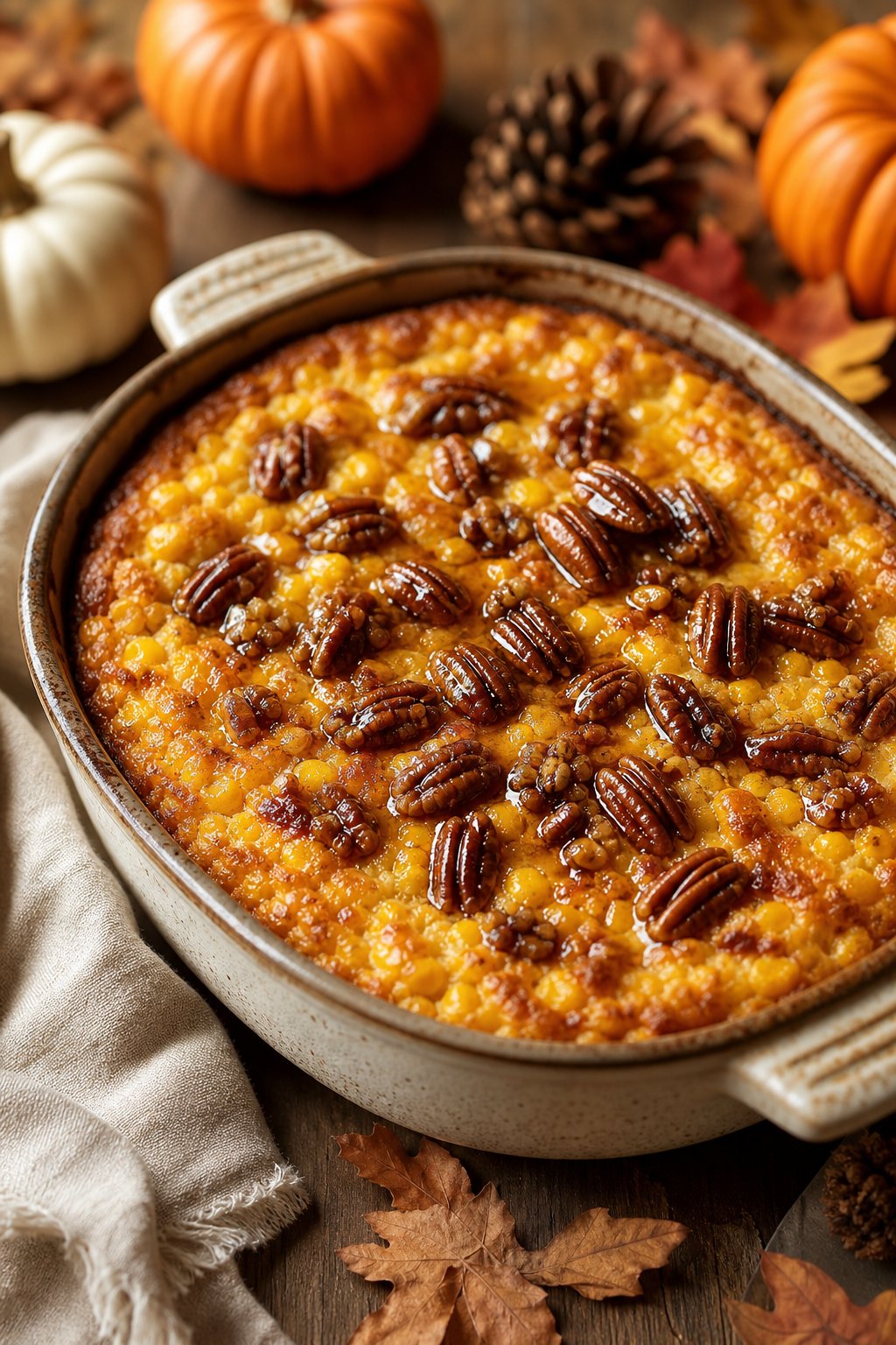22 Corn Casserole Jiffy That Feeds a Crowd 22 A baked corn casserole with a caramelized maple glaze and a full topping of chopped pecans on a wooden table with small decorative autumn gourds and a bottle of maple syrup nearby.