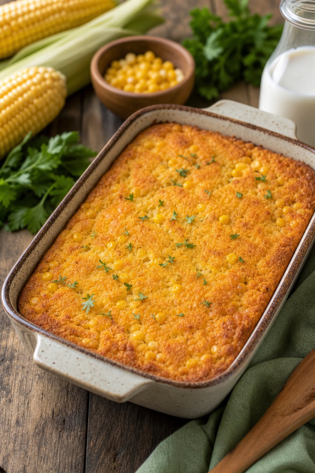 22 Corn Casserole Jiffy That Feeds a Crowd 23 A golden baked vegan corn casserole in a white ceramic dish on a wooden table with fresh corn ears and small bunches of herbs arranged around the dish.