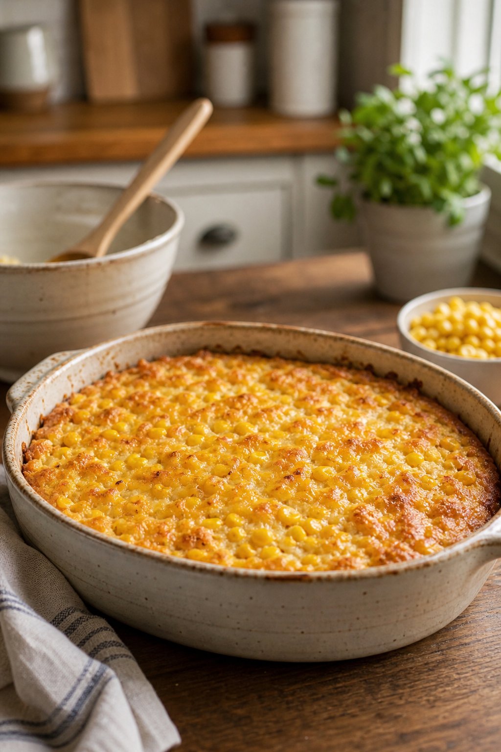 22 Corn Casserole Jiffy That Feeds a Crowd 24 A freshly baked corn casserole in a white ceramic dish on a wooden table with a single large mixing bowl and a folded striped kitchen towel beside it.
