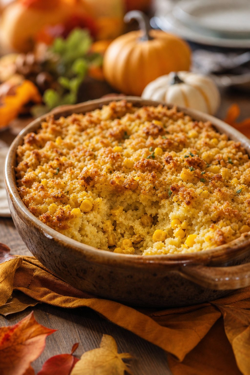 22 Corn Casserole Jiffy That Feeds a Crowd 25 A baked corn casserole with a deep golden crust and visible herby stuffing bits throughout, in a white ceramic dish on a wooden table with small fall gourds and dried corn husks arranged around it.