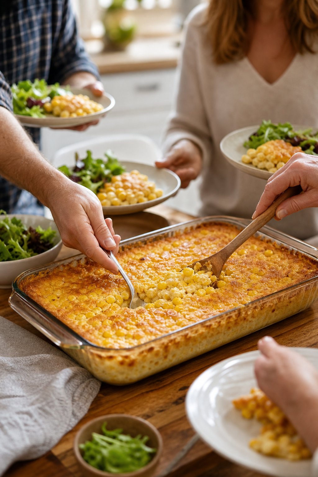 22 Corn Casserole Jiffy That Feeds a Crowd 26 A large corn casserole in a clear glass baking dish on a wooden buffet table with several people in the background serving themselves onto white plates.