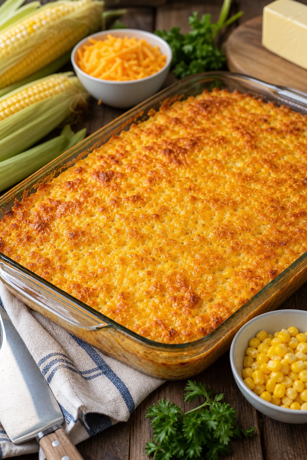 22 Corn Casserole Jiffy That Feeds a Crowd 27 A freshly baked corn casserole in a clear glass dish on a wooden table surrounded by fresh corn ears, a block of cheddar cheese, a stick of butter, and small bundles of fresh herbs.