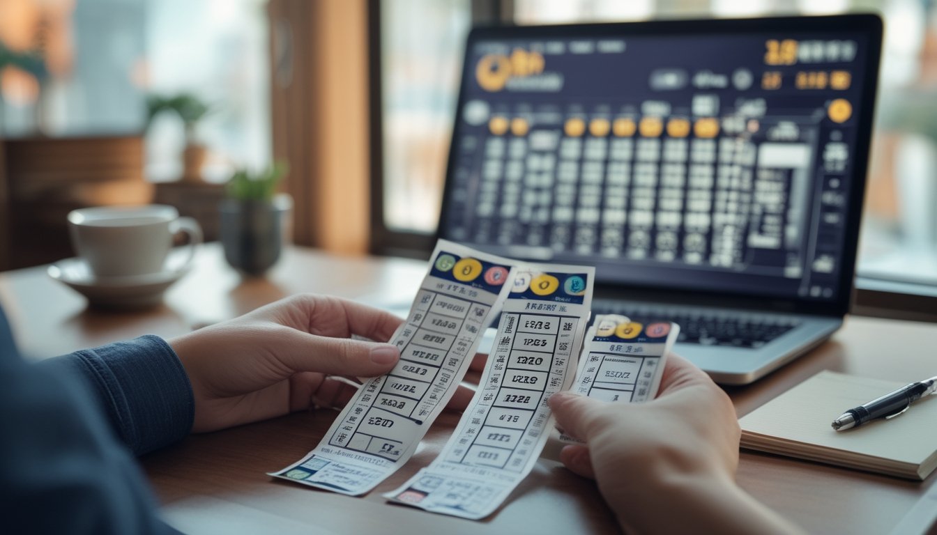 Tangan memegang tiket lotere di atas meja kayu dengan laptop dan alat tulis di latar belakang.