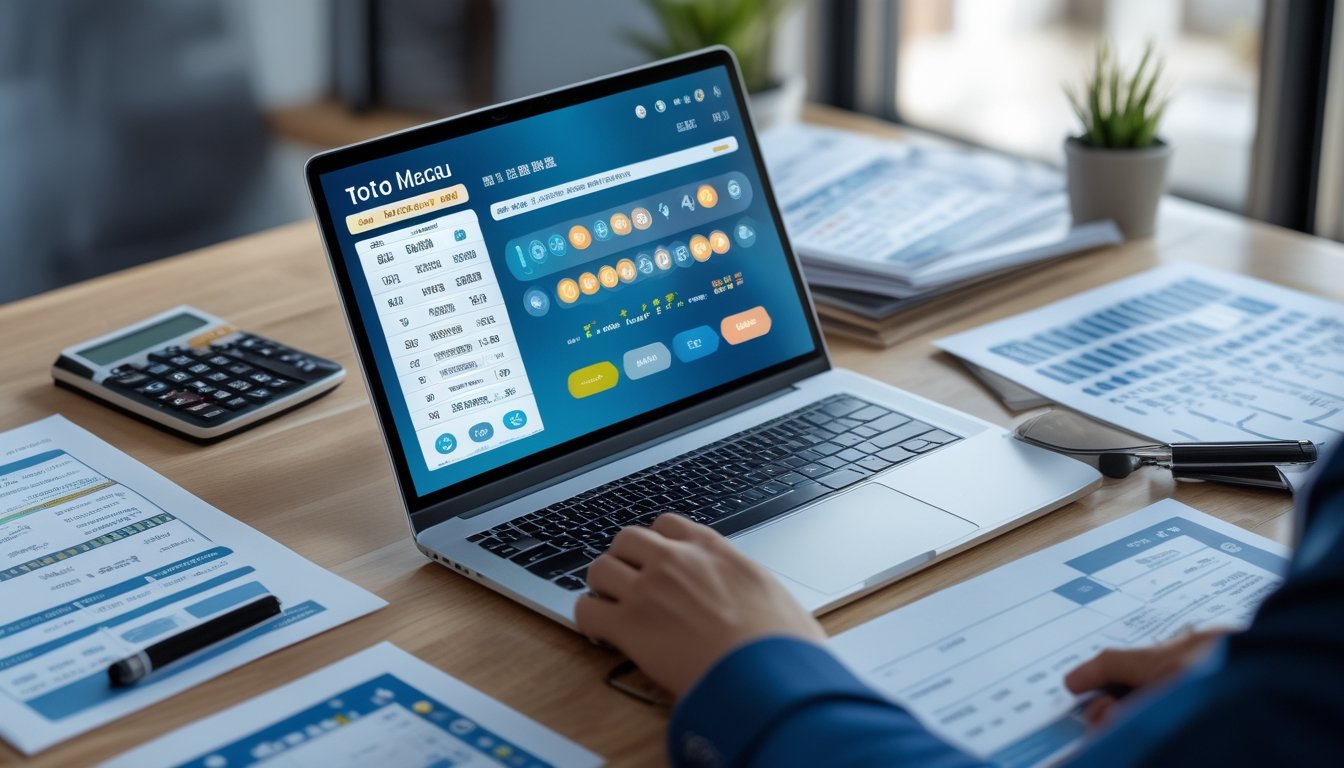Meja kerja dengan laptop yang menampilkan antarmuka lotere digital, dokumen dan alat tulis yang tersusun rapi di sekitarnya.