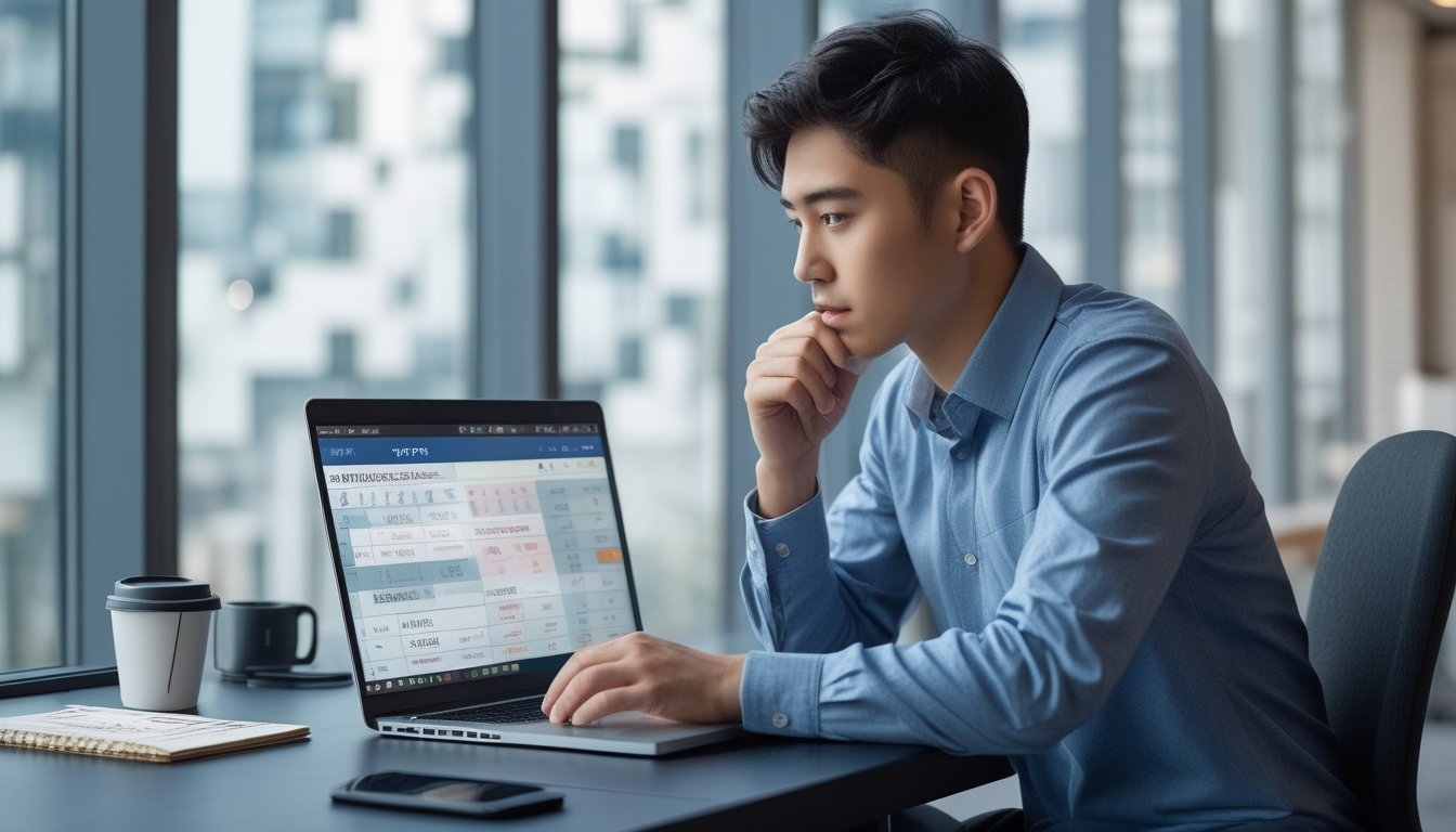 Seorang pria muda Asia duduk di meja modern sambil mempelajari layar laptop dengan grafik dan angka terkait strategi permainan Toto Macau.