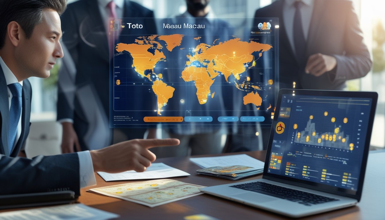 Sekelompok profesional sedang berdiskusi di kantor dengan peta dunia digital yang menyoroti berbagai negara dan dokumen terkait regulasi perjudian.