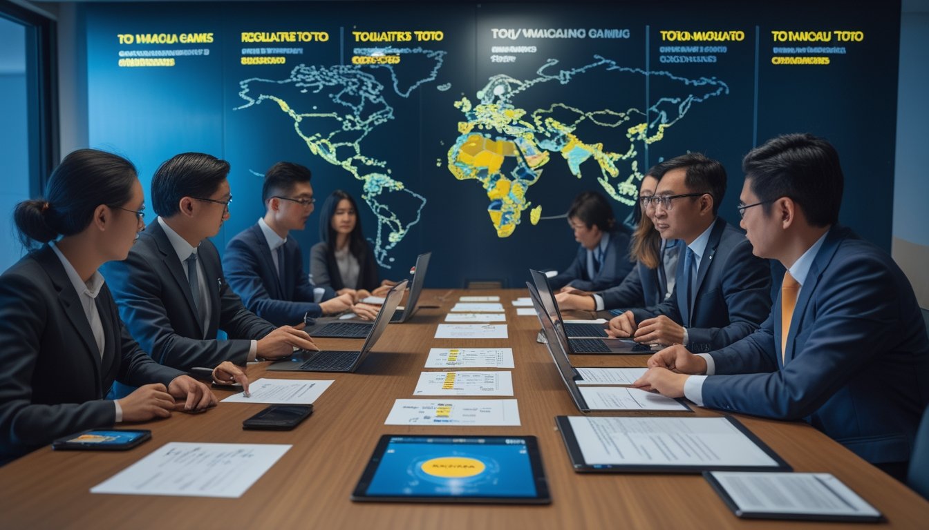 Sekelompok profesional dari berbagai negara berdiskusi serius di ruang konferensi modern dengan peta dunia digital di latar belakang yang menyoroti regulasi perjudian internasional.