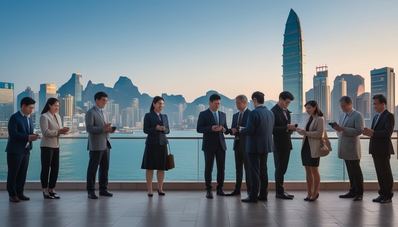 Sekelompok orang Asia di kota modern dengan bangunan terkenal Macau di latar belakang, sedang memeriksa tiket lotre dan menggunakan perangkat mobile.