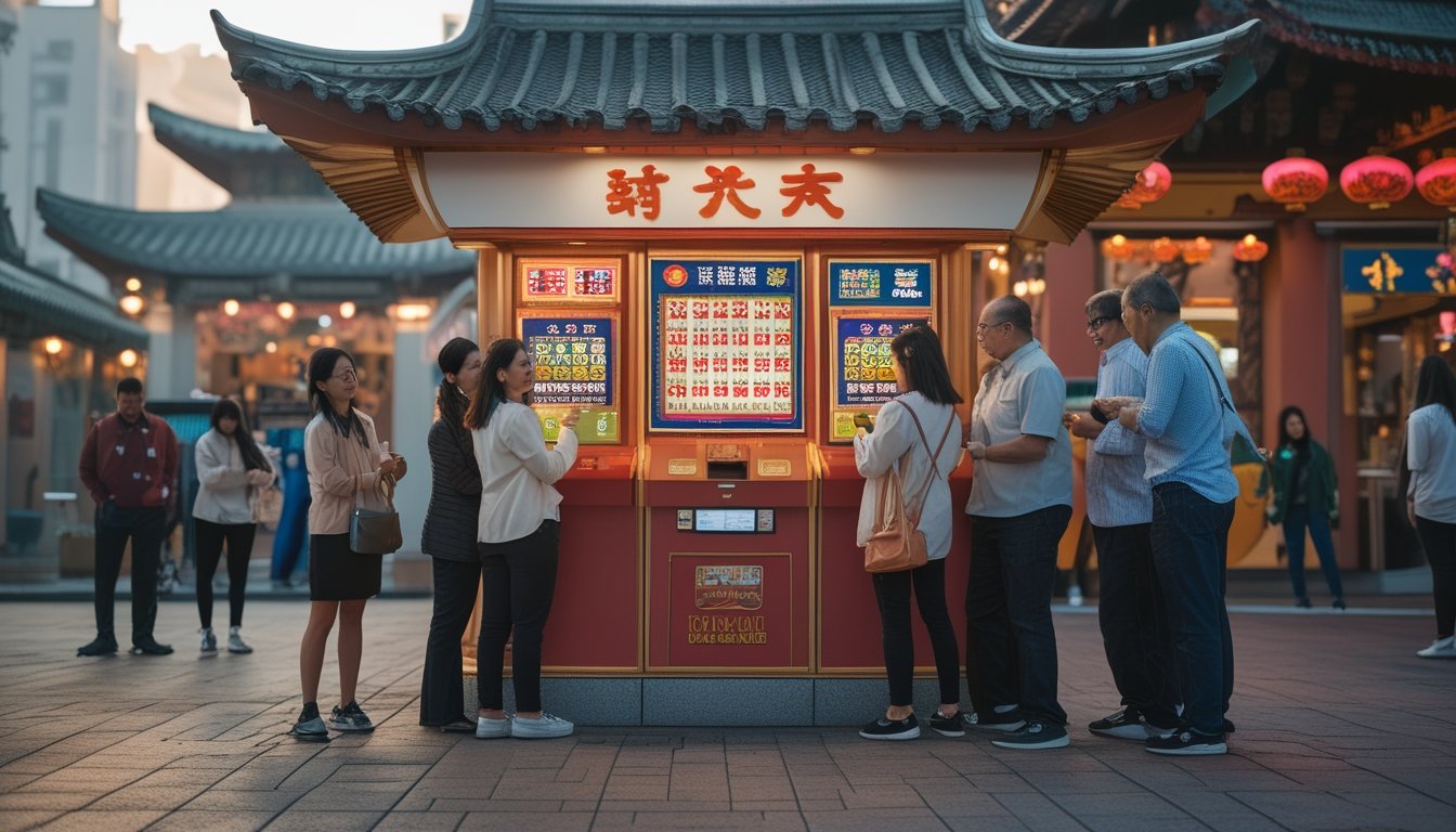 Orang-orang beragam usia sedang membeli tiket lotre di kios modern di jalan kota Macau dengan latar belakang arsitektur Asia tradisional.