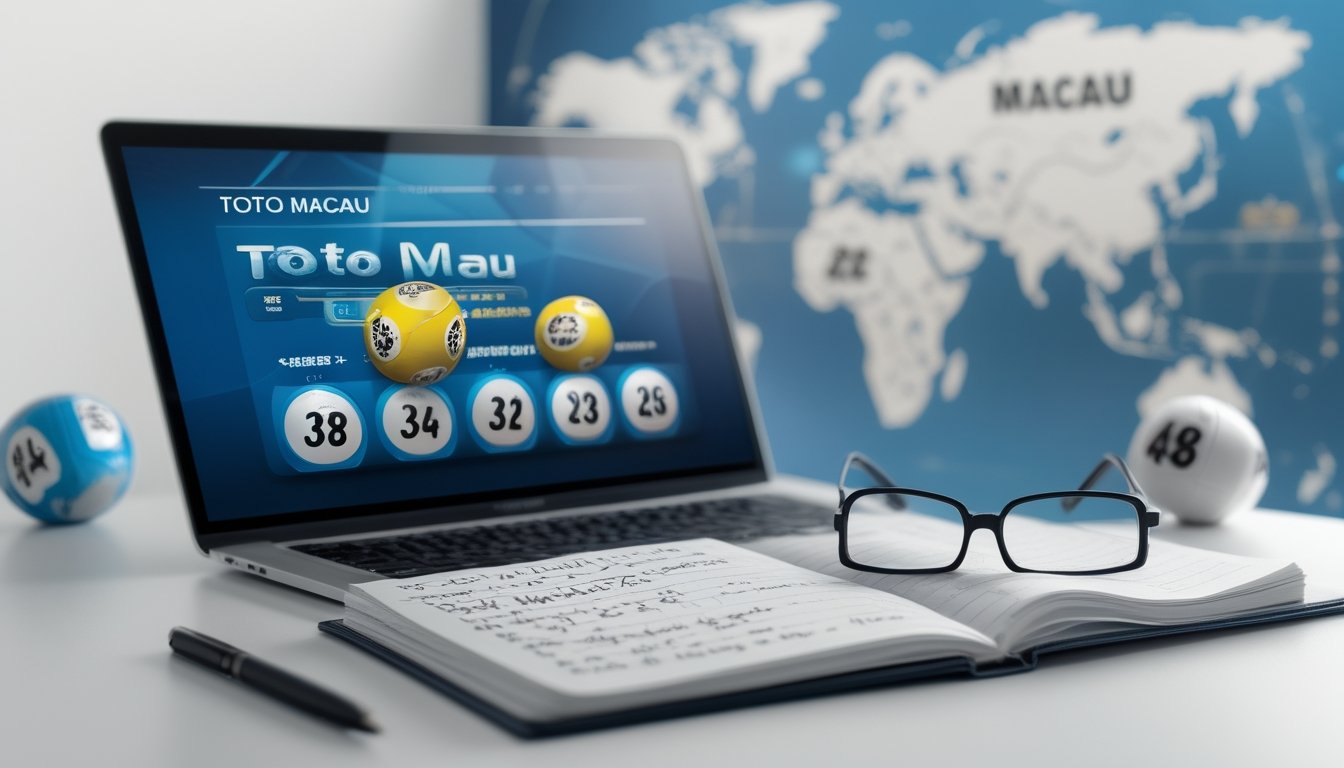 Meja kerja dengan laptop yang menampilkan tiket lotere digital, buku catatan dengan tulisan tangan dan statistik, serta kacamata baca, dengan peta dunia dan bola lotere buram di latar belakang.