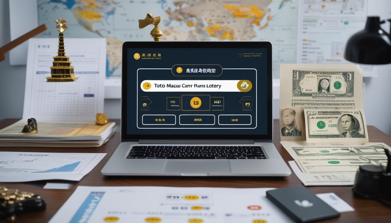 Meja kerja modern dengan laptop menampilkan antarmuka lotere digital, dokumen dan tiket lotere, serta miniatur landmark Macau di latar belakang.