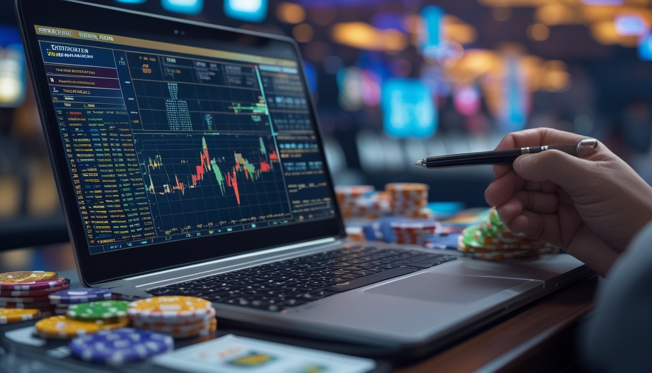 Meja kerja dengan laptop yang menampilkan grafik statistik, tiket permainan Toto Macau, chip warna-warni, dan tangan seseorang yang sedang menganalisis data.