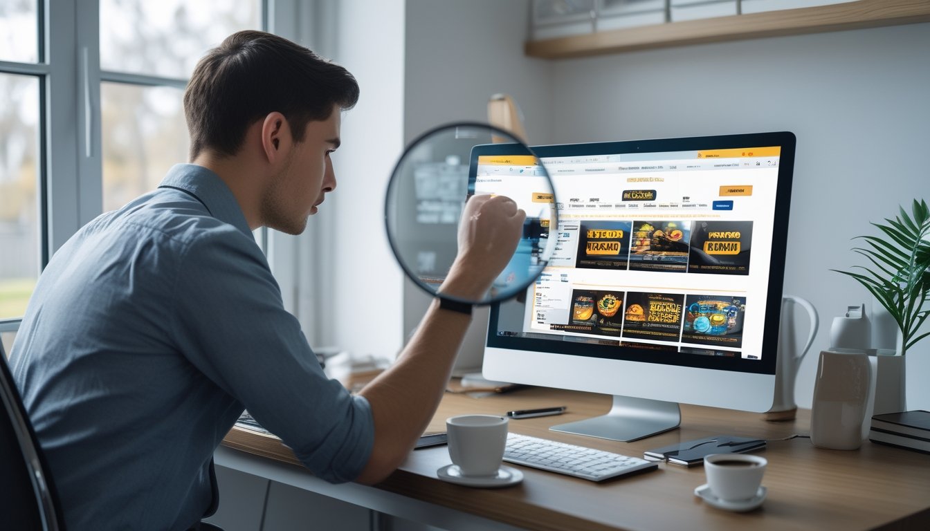 Seorang pria muda duduk di depan laptop di ruang kerja rumah, memperhatikan situs judi online yang mencurigakan dengan ekspresi serius.