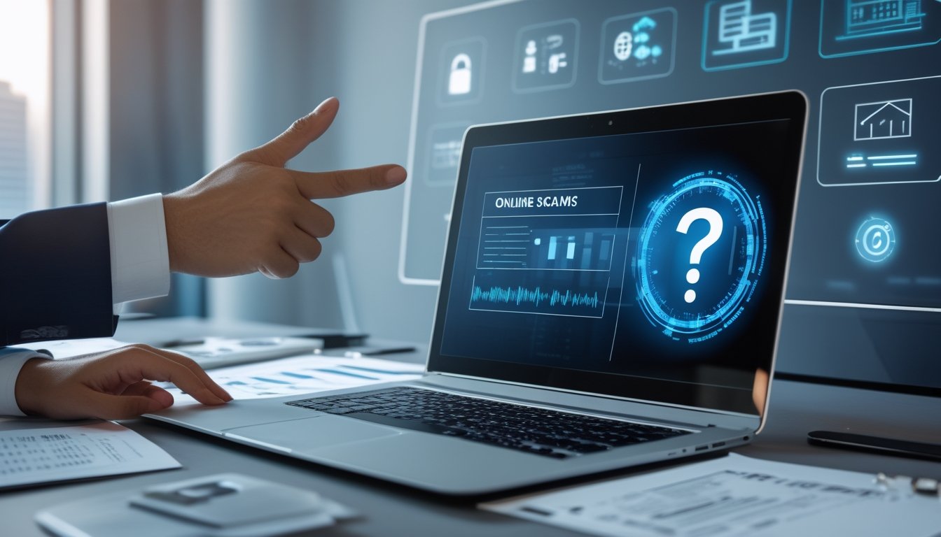 Seorang profesional di ruang kerja modern menunjukkan peringatan di layar laptop tentang penipuan online dengan dokumen dan grafik di sekitarnya.