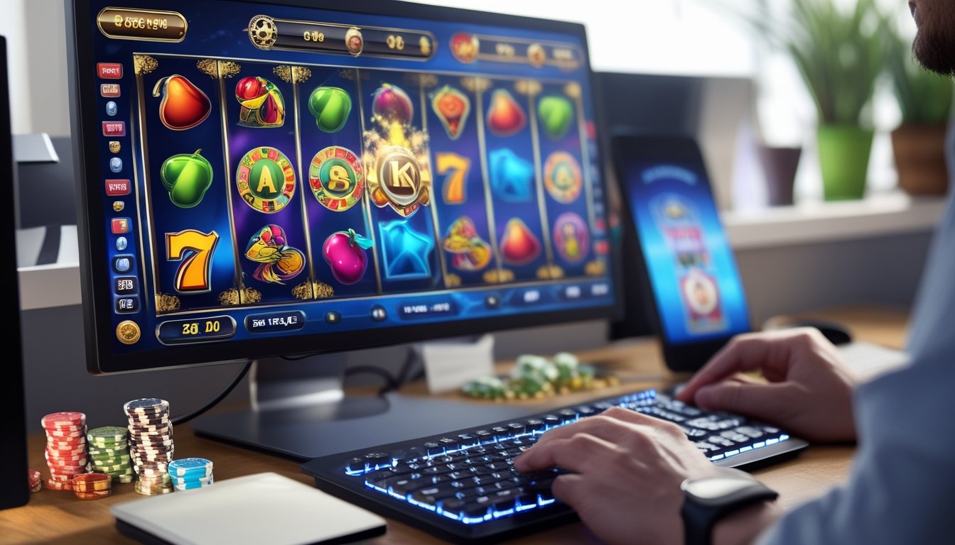 Seseorang bermain game slot online di komputer dengan layar menampilkan gulungan slot berwarna-warni, di meja terdapat chip permainan, ponsel, dan secangkir kopi.