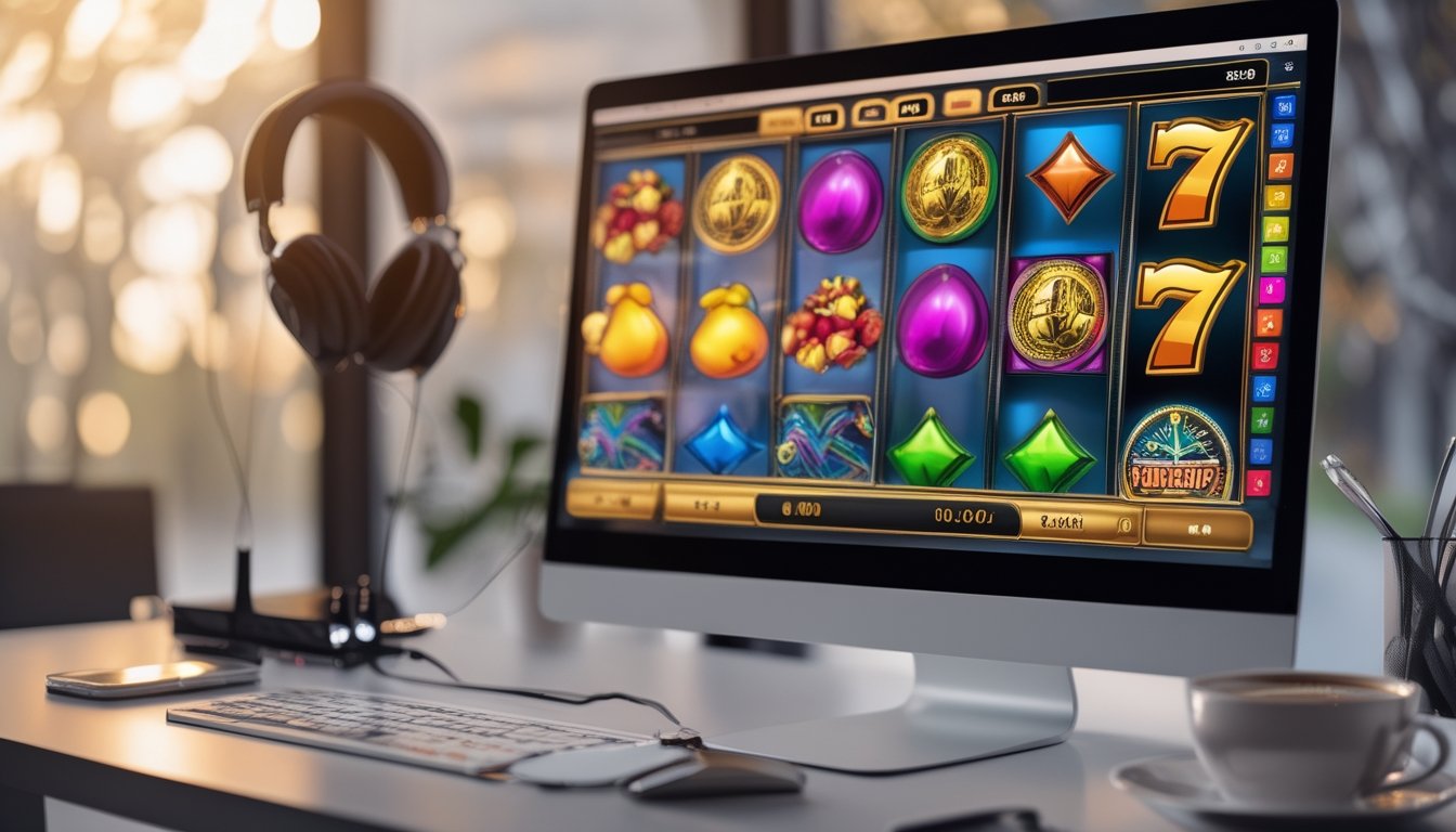 Sebuah meja kerja dengan laptop yang menampilkan permainan slot online berwarna-warni, dikelilingi oleh headphone, ponsel, dan cangkir kopi.
