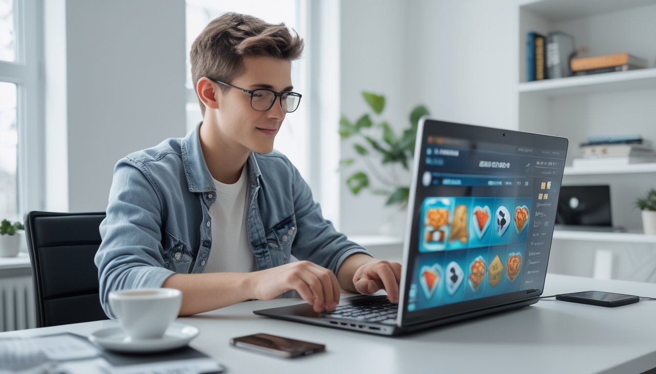 Seorang dewasa muda duduk di meja dengan laptop, terlihat fokus dan tenang saat bermain permainan slot online, dengan suasana ruang kerja rumah yang terang dan rapi.