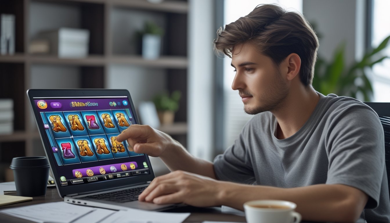 Seorang pria muda duduk di meja dengan laptop yang menampilkan permainan slot online, tampak fokus dan tenang dalam suasana ruang kerja yang nyaman.
