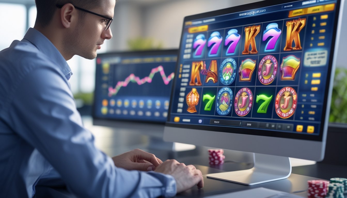 Seseorang sedang menganalisis data game slot terbaru di depan komputer di ruang kantor modern.