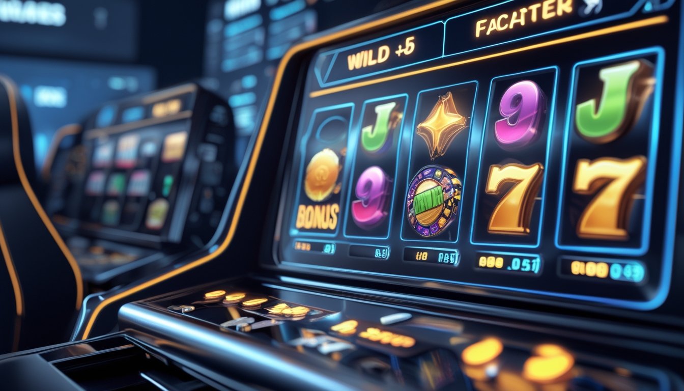 antarmuka mesin slot digital modern dengan simbol berwarna cerah dan latar belakang elemen data dan grafik.