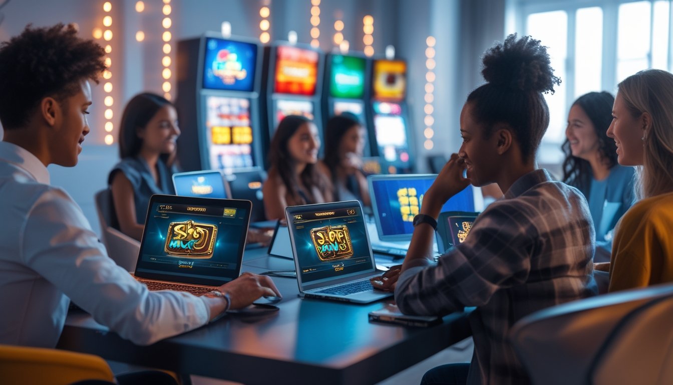 Sekelompok orang muda sedang bermain game slot online dengan perangkat digital di meja yang nyaman.