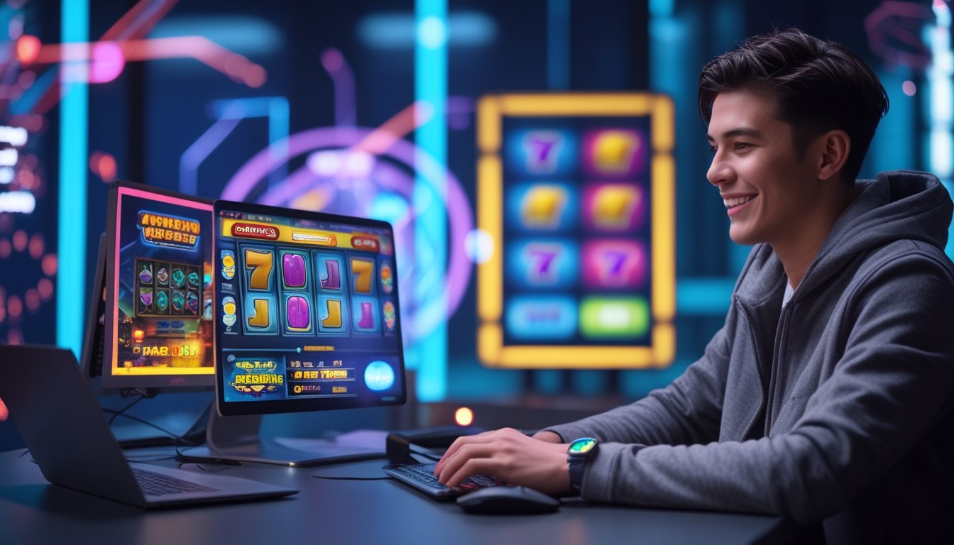 Seorang dewasa muda duduk di depan laptop dan ponsel yang menampilkan permainan slot online berwarna-warni, terlihat fokus dan senang dalam suasana gaming yang modern.