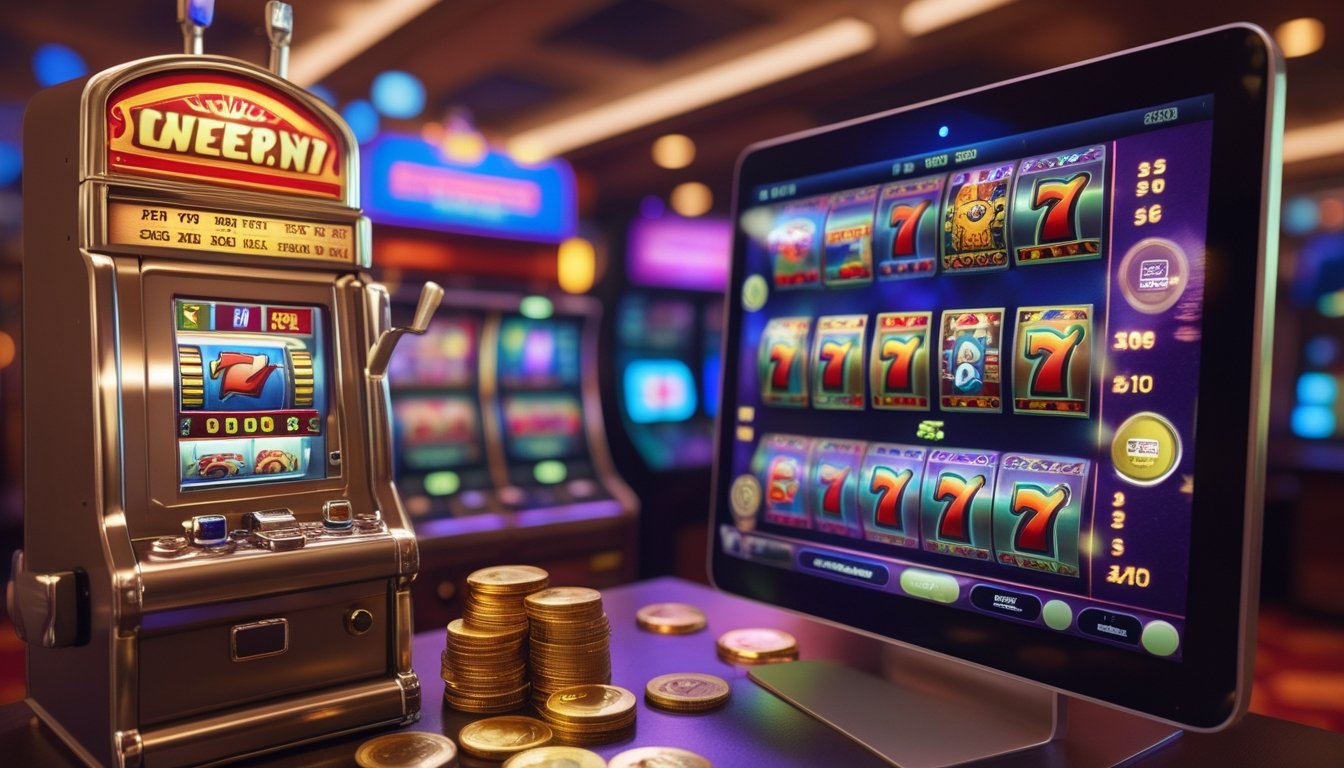Gambaran perkembangan permainan slot dari mesin fisik klasik ke permainan slot digital di perangkat modern.