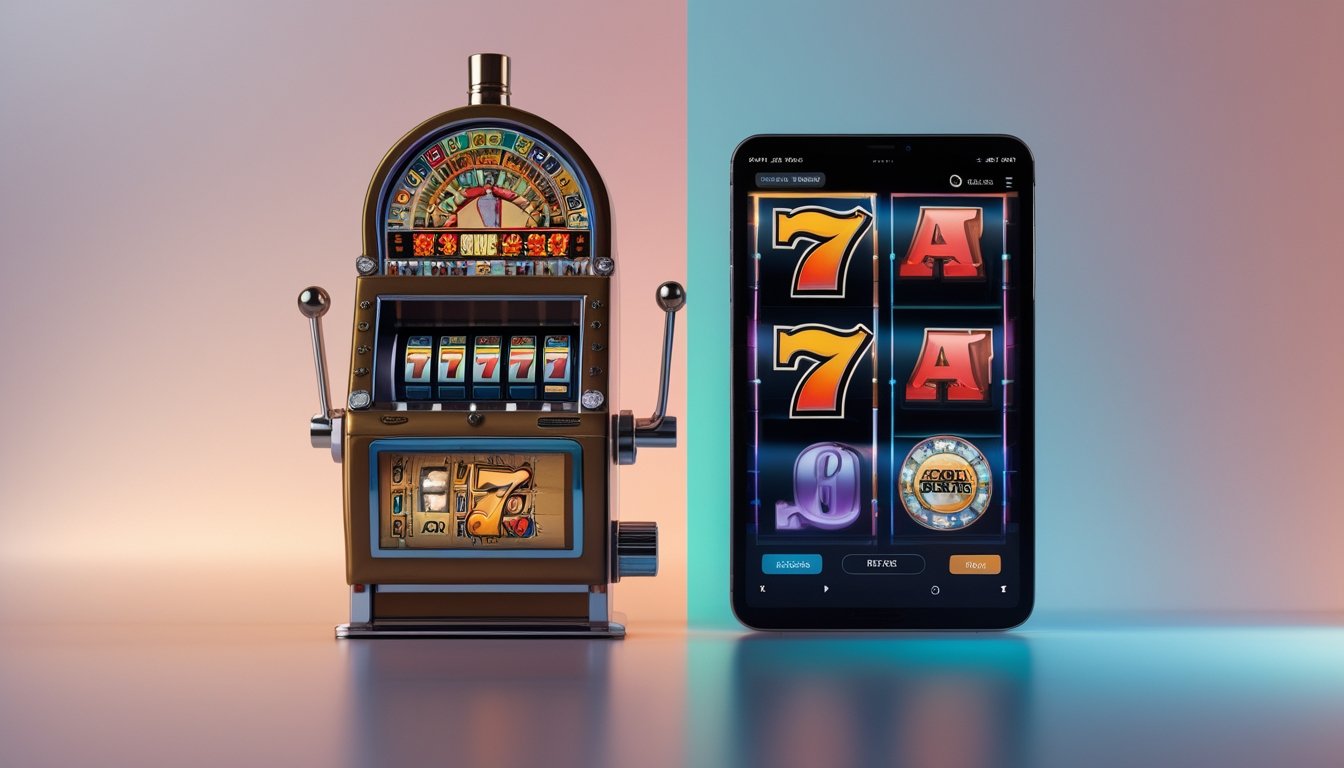 Gambar yang menunjukkan mesin slot mekanik kuno di sebelah kiri dan permainan slot digital modern di layar tablet di sebelah kanan.