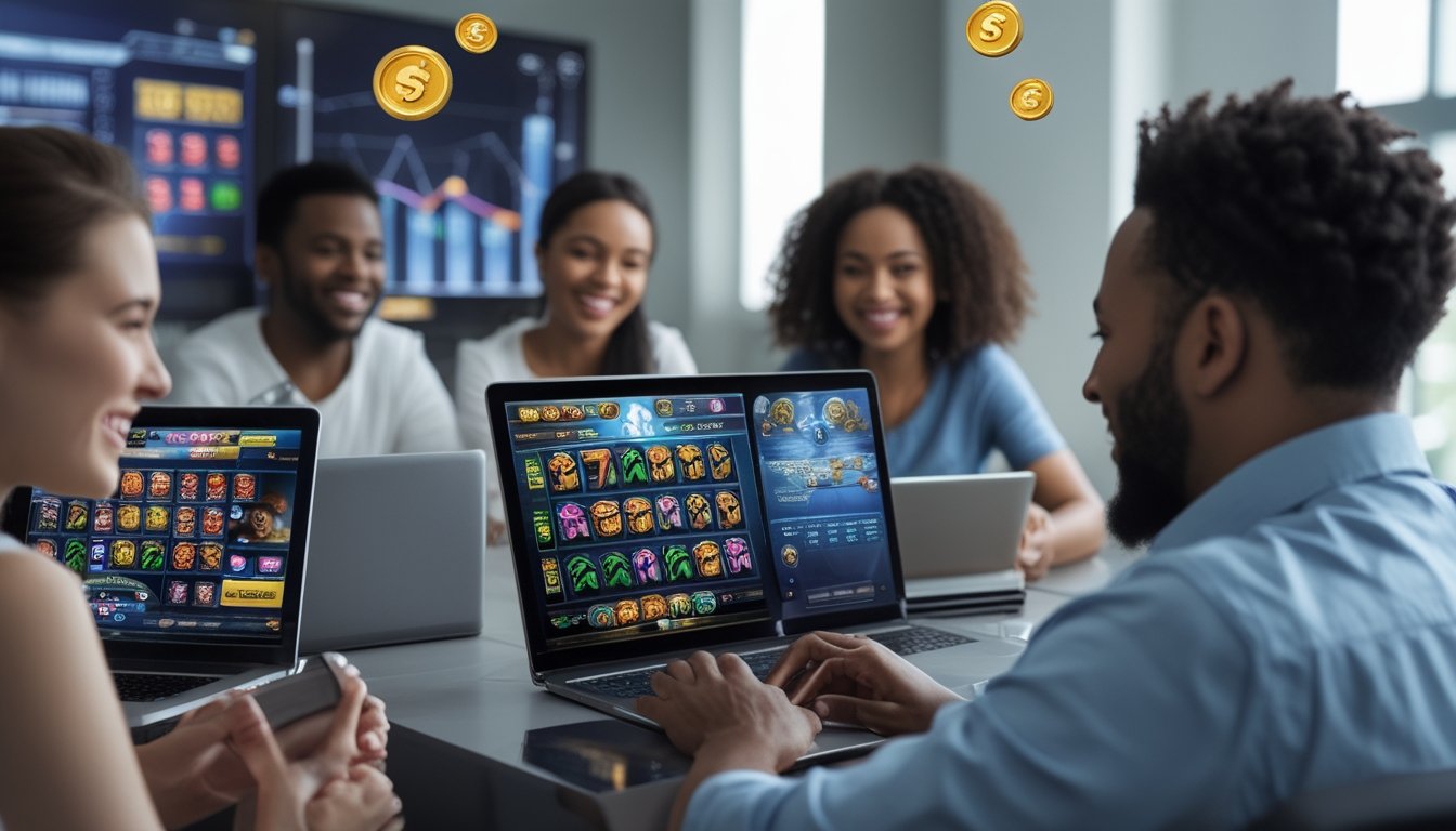 Beberapa orang dari berbagai latar belakang sedang bermain game slot online menggunakan perangkat digital di ruangan modern.