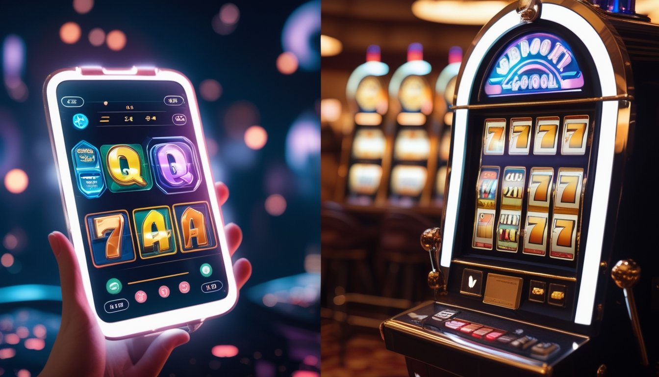 Perbandingan antara permainan slot online terbaru yang ditampilkan di layar digital dengan mesin slot klasik mekanik di lingkungan kasino.