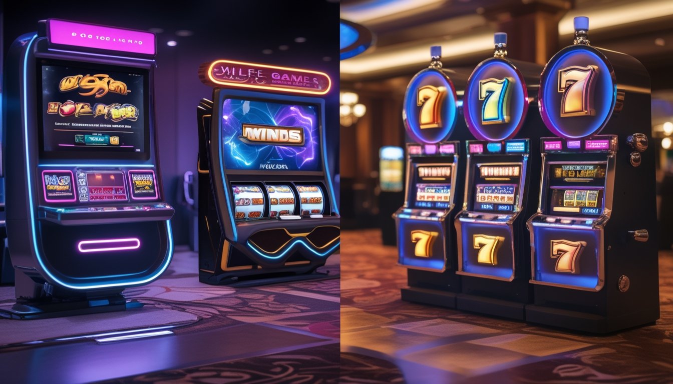 Gambaran perbandingan antara permainan slot online terbaru di layar digital dan mesin slot klasik di kasino.