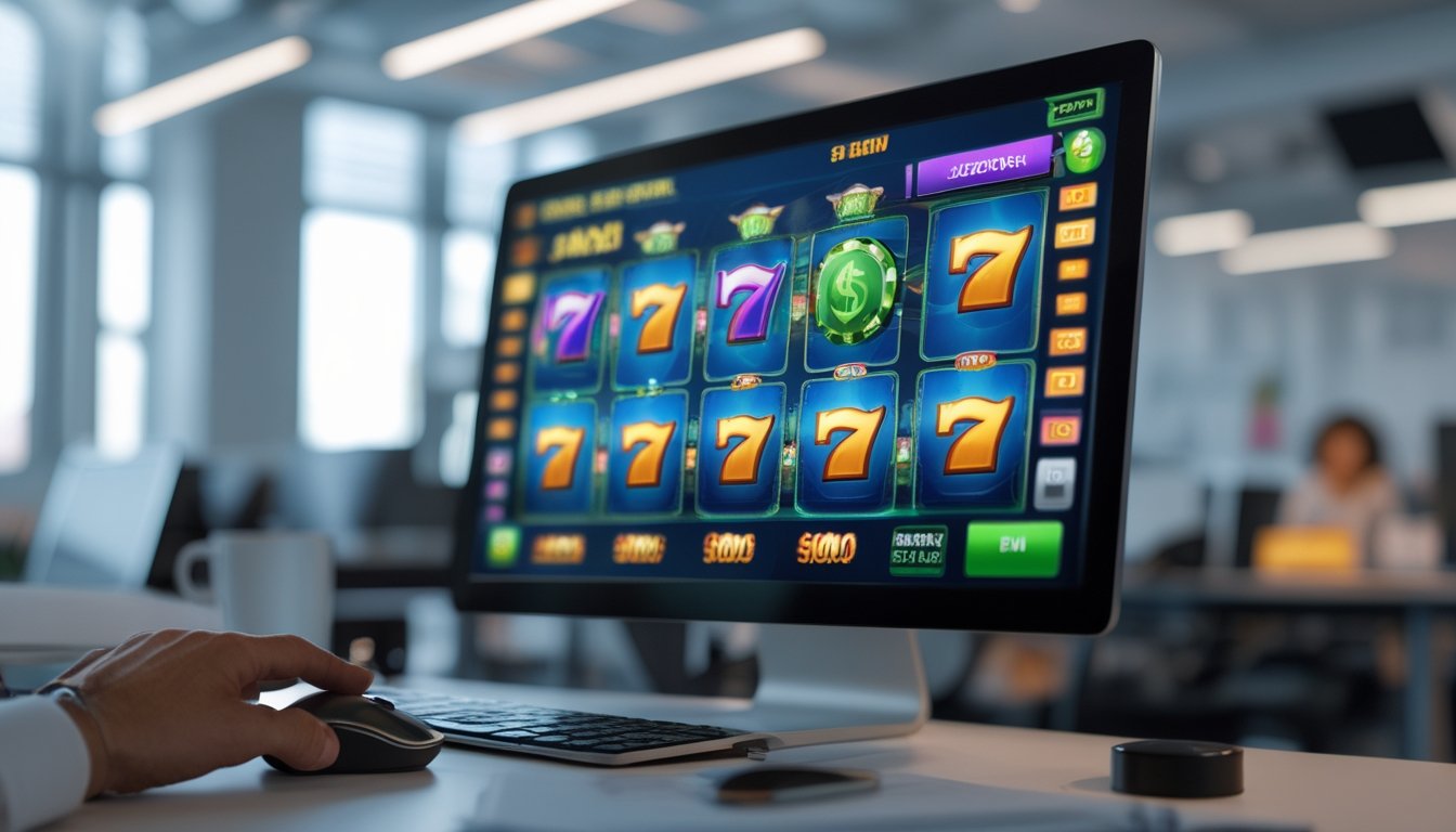 Seseorang menggunakan komputer dengan layar menampilkan permainan slot online dengan simbol bonus dan jackpot yang menonjol.
