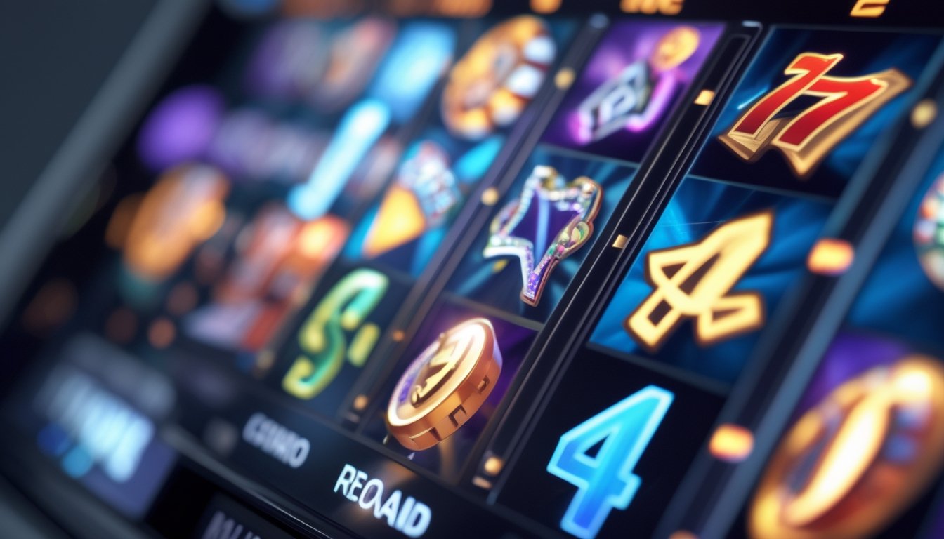 Tampilan dekat antarmuka permainan slot online di layar perangkat digital dengan simbol bonus dan jackpot yang terlihat jelas.