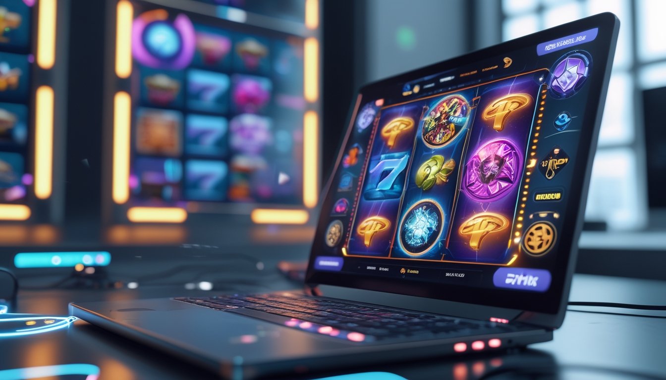 Sebuah layar komputer menampilkan permainan slot online dengan ikon warna-warni dan tema populer, di lingkungan kerja modern dengan pencahayaan cerah.
