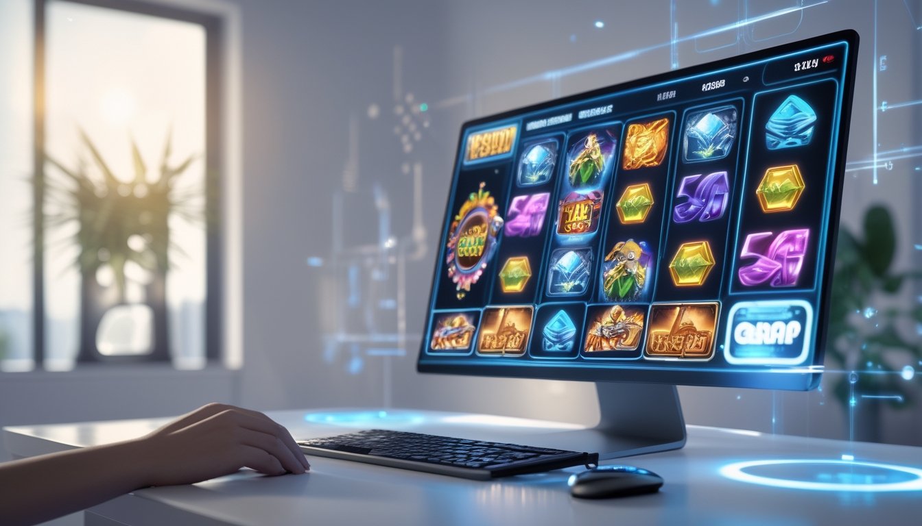 Sebuah perangkat digital menampilkan permainan slot online dengan grafik warna-warni dan efek teknologi di latar belakang.