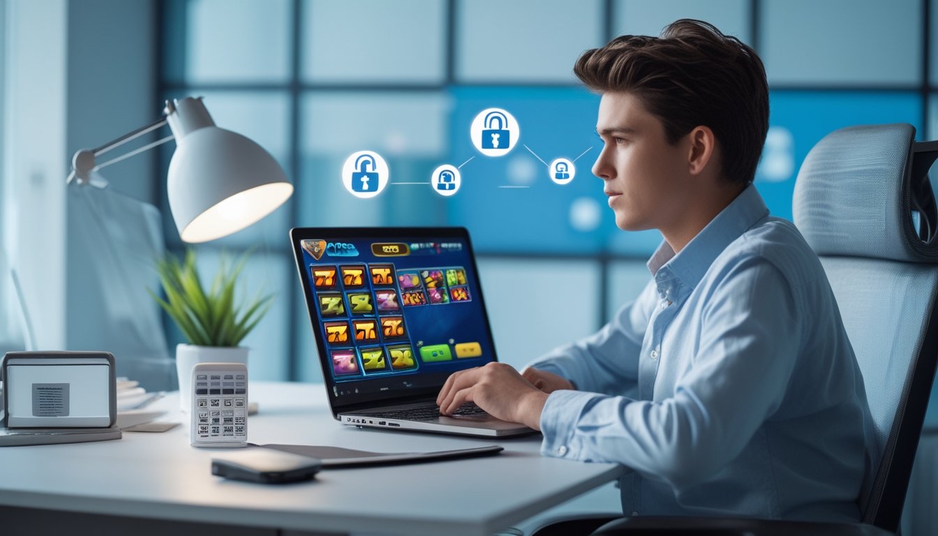 Seorang dewasa muda sedang bermain game slot online di depan laptop dengan simbol keamanan digital di sekitarnya.