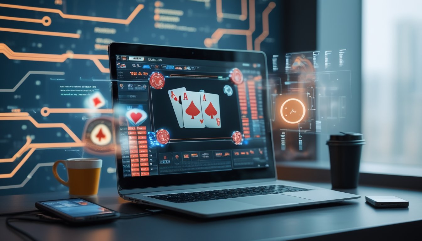 Sebuah meja kerja modern dengan laptop yang menampilkan permainan poker digital dan elemen teknologi digital di sekitarnya.