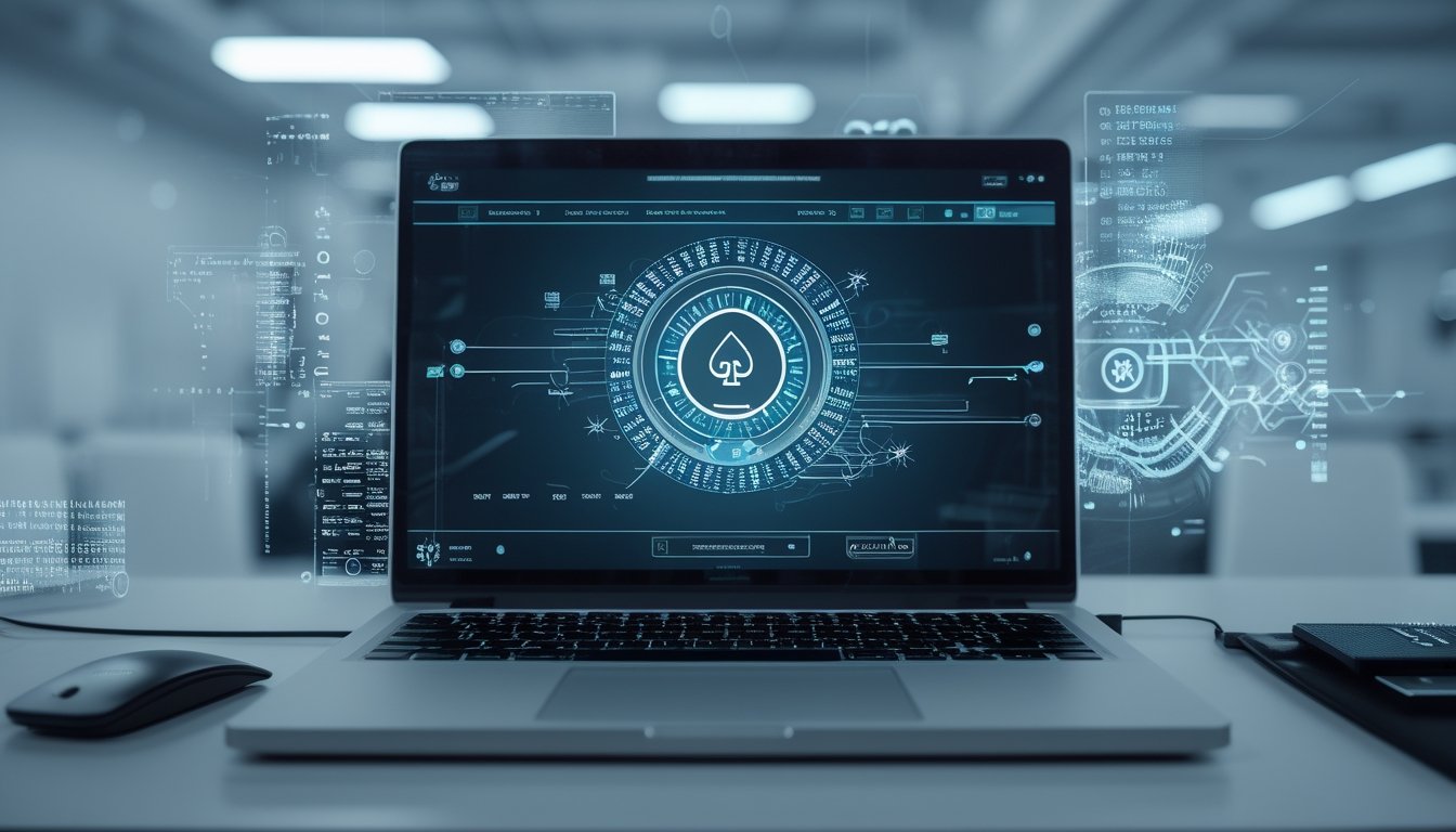 Seorang profesional menggunakan laptop dengan tampilan permainan poker online dan elemen teknologi digital di sekitarnya.