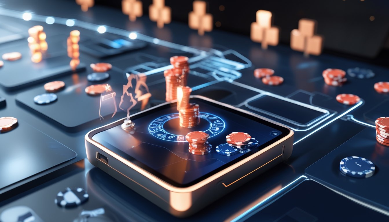 Meja poker digital dengan kartu dan chip virtual serta latar belakang yang menunjukkan perkembangan poker dari tradisional ke online.