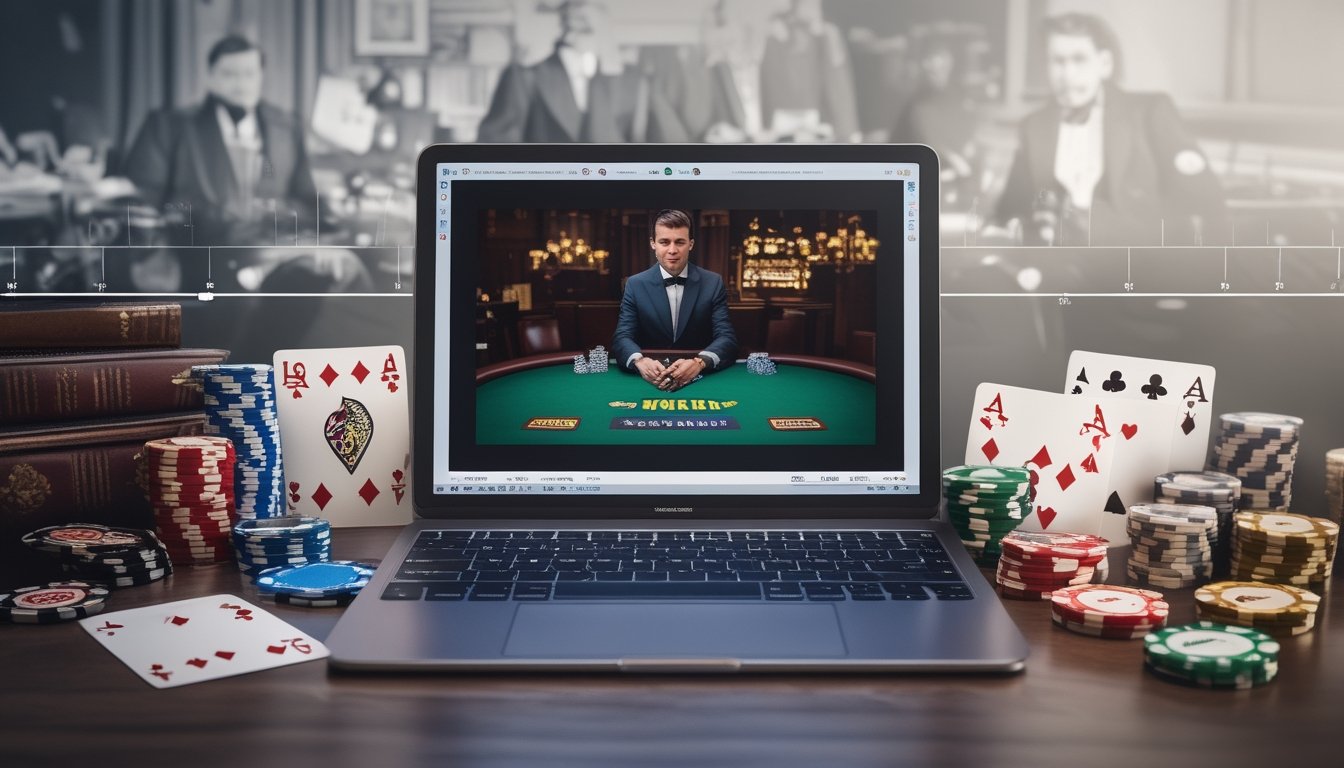 Sebuah meja poker dengan kartu dan chip, di samping laptop yang menampilkan permainan poker online, menggambarkan perkembangan poker dari masa lalu ke era digital.