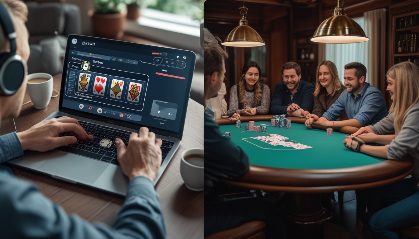 Seseorang bermain poker online di depan laptop di rumah dan sekelompok orang bermain poker tradisional di meja dengan kartu dan chip.