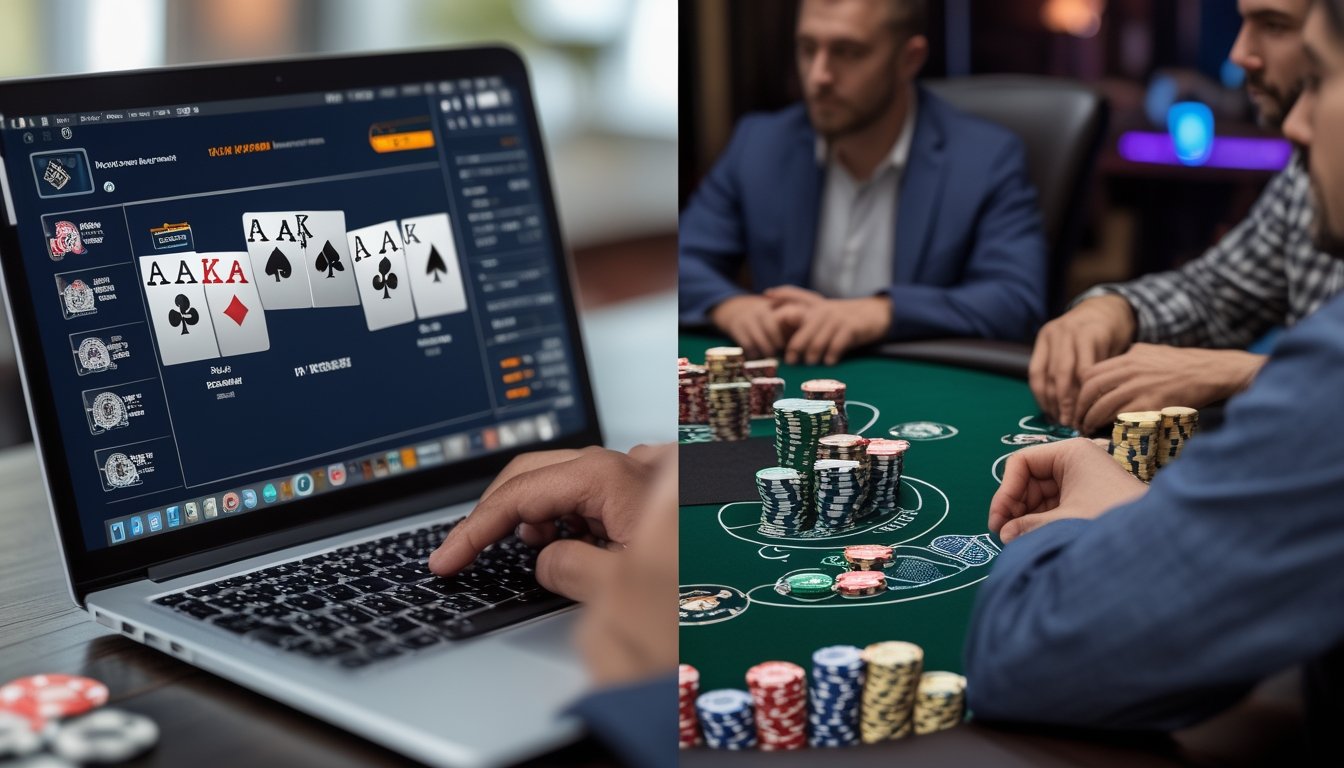 Gambar dua sisi yang menunjukkan perbedaan antara poker online dengan poker tradisional, satu sisi seseorang bermain poker di laptop dan sisi lain pemain duduk di meja poker fisik.