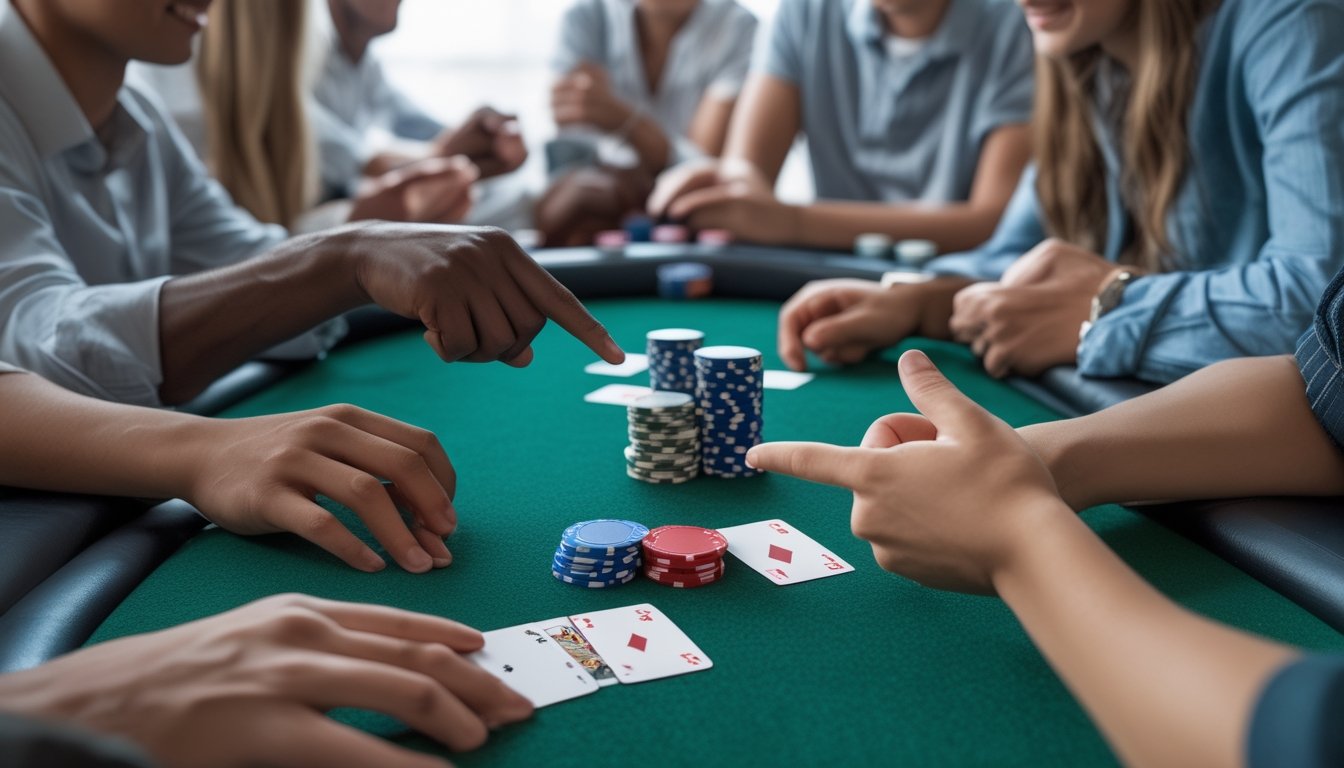 Meja poker dengan tumpukan chip dan kartu dimainkan oleh beberapa orang yang sedang belajar aturan dasar poker.
