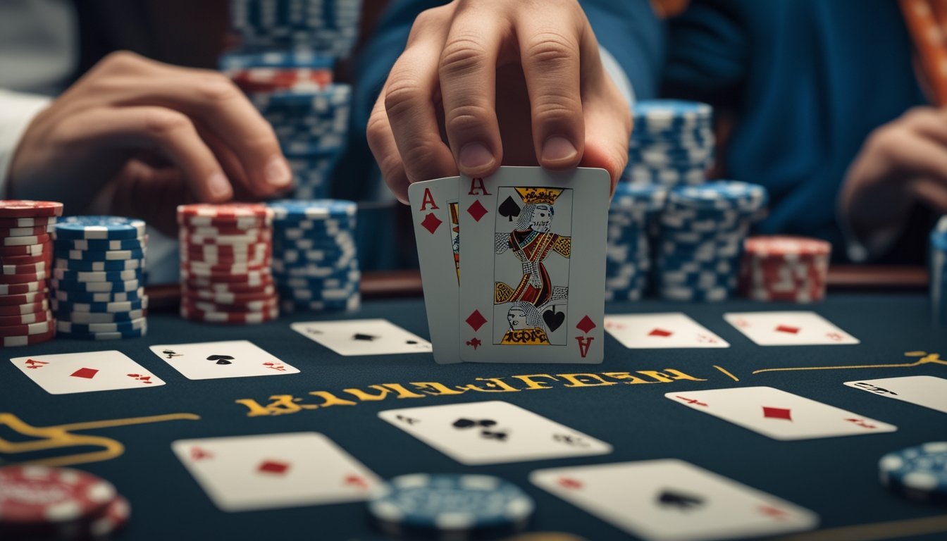 Tangan pemain memegang kartu poker berurutan di meja poker dengan tumpukan chip di latar belakang.