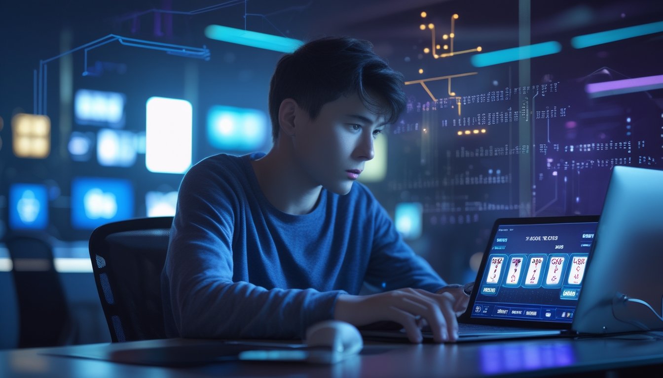 Seorang dewasa muda duduk di meja dengan laptop dan ponsel yang menampilkan permainan poker online, ekspresi wajahnya serius dan fokus, dengan latar belakang grafik digital yang menunjukkan risiko dan tantangan di era digital.
