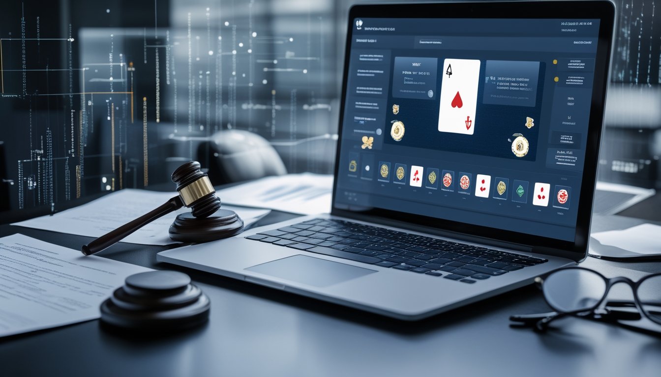 Meja kerja modern dengan laptop yang menampilkan permainan poker, dokumen hukum, palu hakim, dan kacamata, menggambarkan risiko dan tantangan bermain poker online.