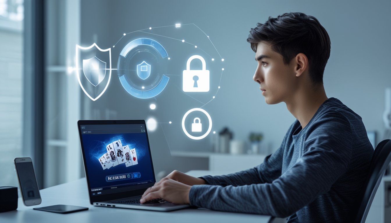 Seorang dewasa muda duduk di meja dengan laptop yang menampilkan permainan poker online, dikelilingi oleh simbol keamanan digital seperti perisai dan gembok.
