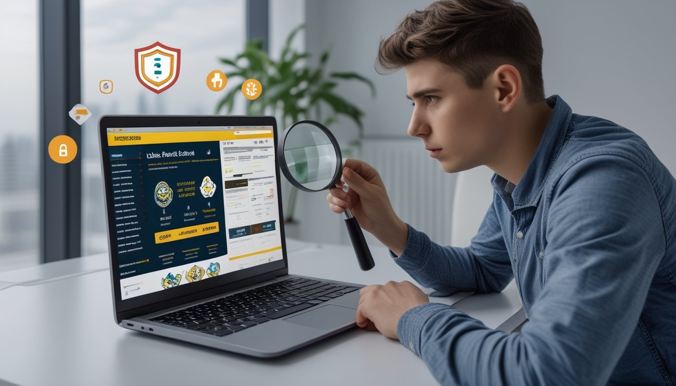Seorang dewasa muda duduk di meja dengan laptop, memeriksa situs poker online dengan kaca pembesar, menunjukkan kewaspadaan terhadap penipuan.