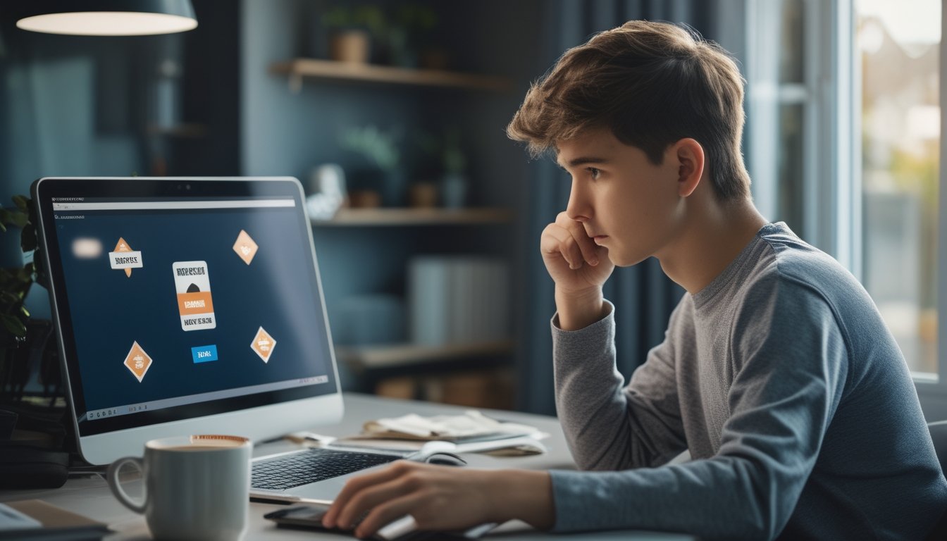 Seorang dewasa muda duduk di depan laptop di ruang kerja rumah, terlihat khawatir saat melihat situs poker online yang mencurigakan.