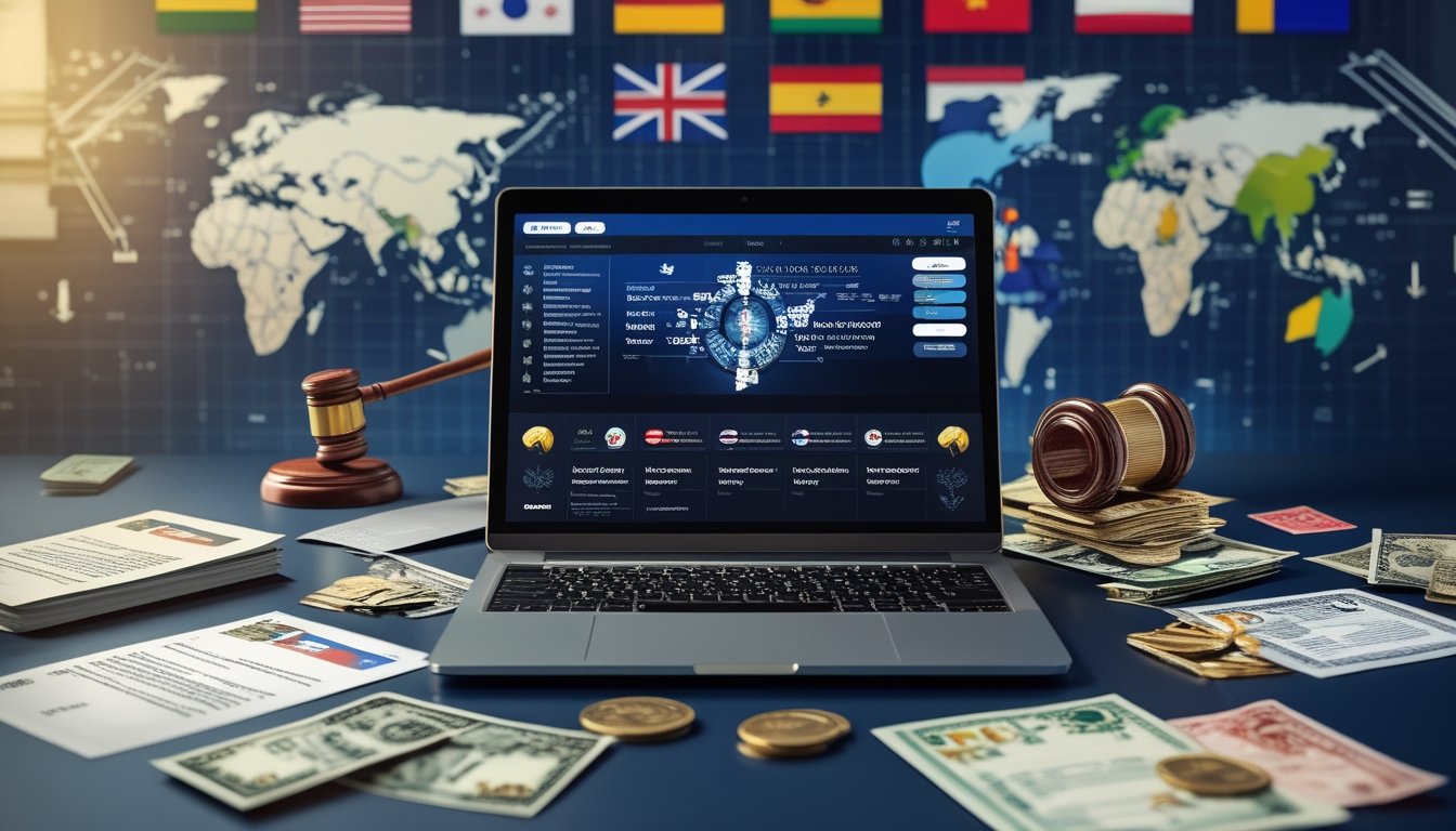 Meja kerja modern dengan laptop menampilkan permainan poker online, peta dunia, dokumen hukum, palu hakim, dan berbagai mata uang dari berbagai negara.
